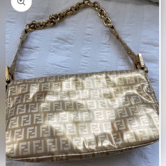 Fendi Baguette Double Flap Bag Zucca FF Canvas Coated Gold Authentic Vintage - Picture 5 of 11